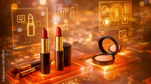 Luxury cosmetic makeup products displayed with digital beauty interface technology showcasing modern skincare innovation and retail presentation