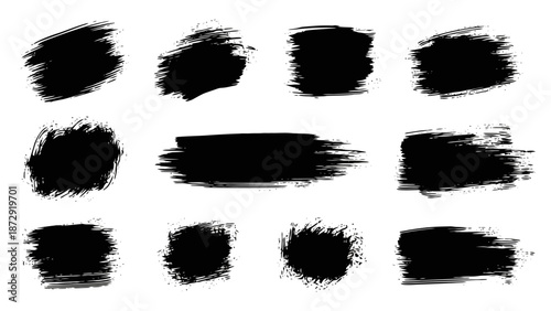 Photos A collection of twelve black brush stroke elements on a white background, showcasing various textures and shapes