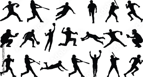 Large collection of black baseball player silhouettes featuring pitchers, batters, catchers, and fielders in various action poses isolated on white background.