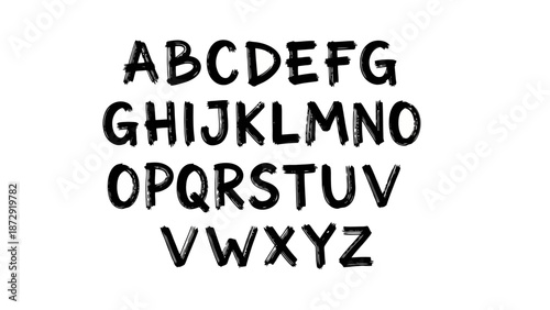 A handwritten, bold, black alphabet displayed against a stark white background, showcasing all 26 letters from A to Z.