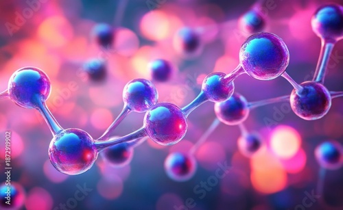 Glowing glossy molecular chain of connected spheres and bonds in neon pink and blue with soft bokeh background, futuristic and energetic scientific mood