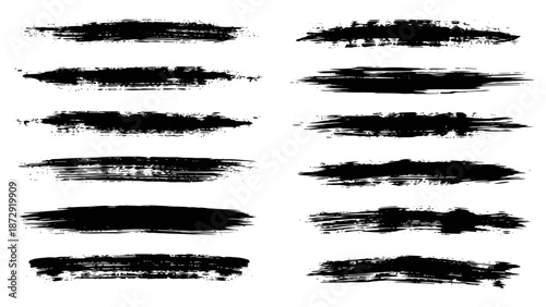 A collection of twelve black brush stroke elements with a distressed, textured appearance, isolated on a white background.