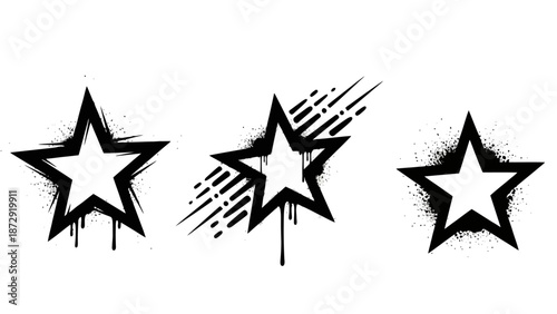 Three black graffiti-style stars with distressed edges and spray paint effects, isolated on a white background.
