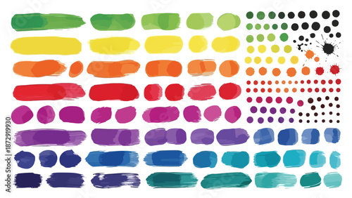 A vibrant collection of watercolor brush strokes and dots in a rainbow of colors, showcasing a spectrum of hues from green to purple.