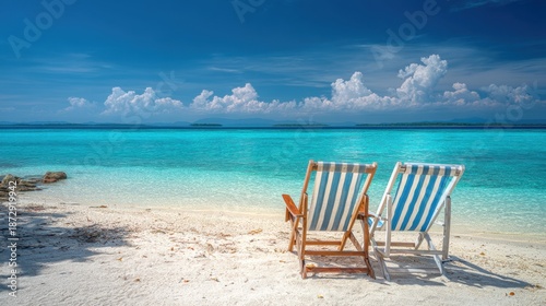 Tropical beach with chairs overlooking calm turquoise waters.