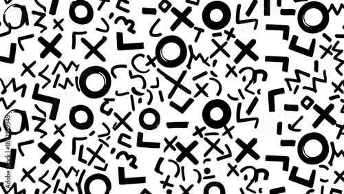 A chaotic and abstract pattern of black and white symbols, including Xs, Os, and various geometric shapes, creating a visually busy and playful composition.