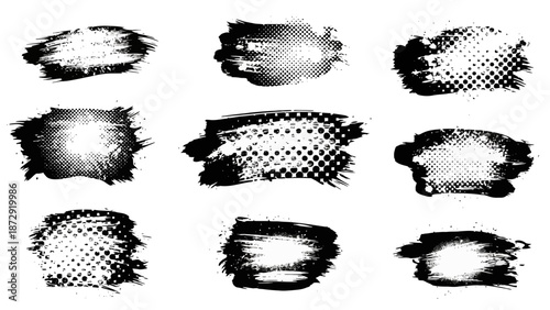 A collection of nine black and white grunge brush stroke textures with halftone dot patterns and distressed edges.