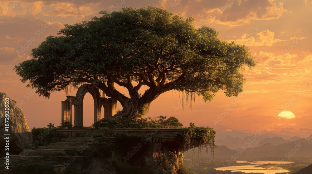 Obraz premium Majestic tree and ancient ruins at sunset with scenic landscape.