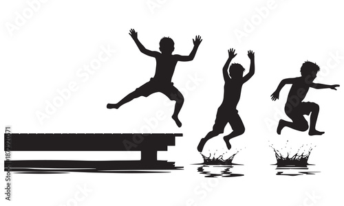 Children silhouetted jumping off a wooden dock into the water, creating playful splashes.