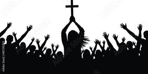 Christian worship crowd silhouette holding cross, religious faith celebration, prayer and praise gathering, spiritual devotion concept, black and white vector illustration