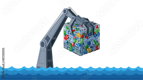A robotic arm emerges from the ocean, meticulously collecting a large cube composed of various plastic waste items, symbolizing environmental cleanup efforts.