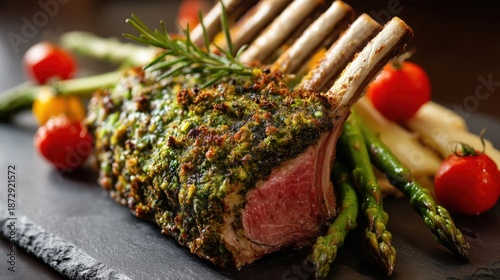 Herb-crusted rack of lamb with asparagus and cherry tomatoes on slate platter.