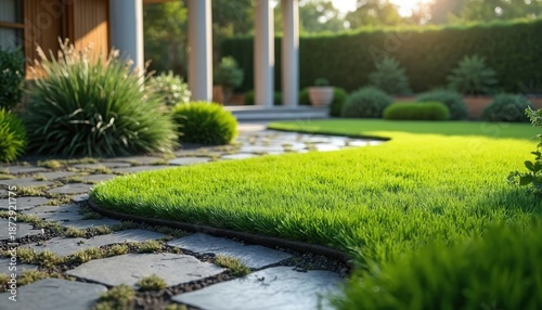 Landscaping project shows modern garden with fresh lawn. Pathway is made of stones. Eco friendly backyard with green grass and different plants near modern house. Lawn design and garden improvements.