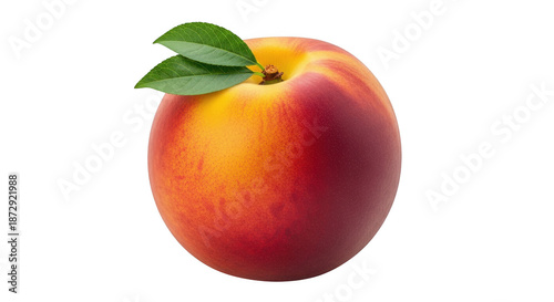 Fresh ripe peach with green leaves isolated on transparent background