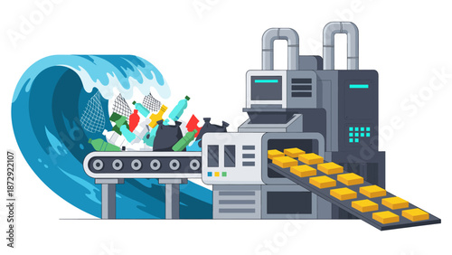 A conceptual illustration depicting a large wave of plastic waste being processed by industrial machinery, symbolizing environmental pollution and recycling challenges.