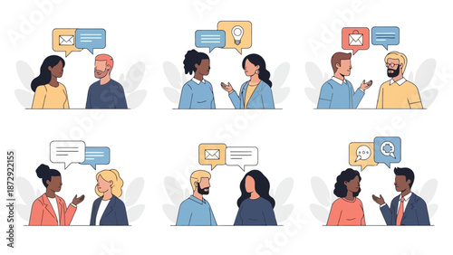 Diverse groups of people engaged in conversations, represented by speech bubbles with icons.