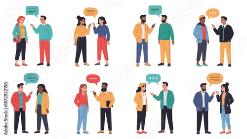 Diverse groups of people engaged in conversations, depicted with speech bubbles above their heads.