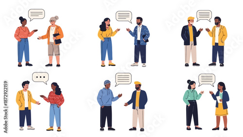 Six diverse pairs of people engaged in conversation, depicted with speech bubbles above their heads.