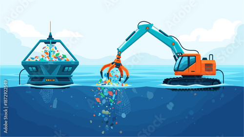 Innovative ocean cleanup technology illustration depicting an excavator and a specialized vessel actively removing plastic pollution from the sea.