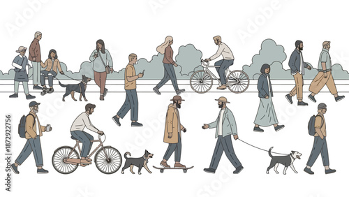 A diverse group of people and dogs enjoying outdoor activities like walking and cycling in a park-like setting with trees.