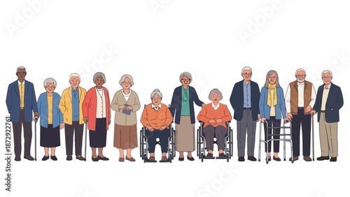 A diverse group of elderly people standing and sitting in wheelchairs, showcasing a range of ages and ethnicities.