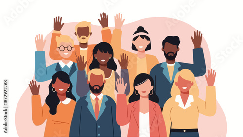 A diverse group of people waving their hands in a friendly gesture.