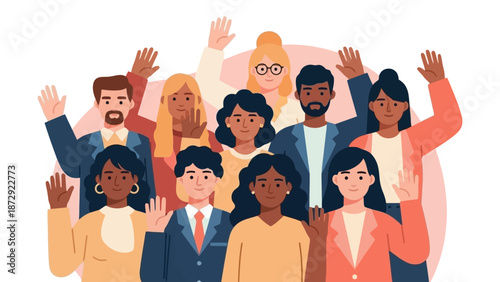 A diverse group of people with different ethnicities and genders raising their hands in agreement or participation.