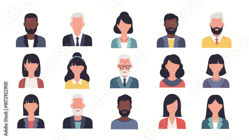A diverse collection of fifteen flat vector avatars representing people of various ages, genders, and ethnicities.