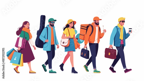 A diverse group of people walking together, each carrying different items like shopping bags, a guitar case, and a delivery backpack.