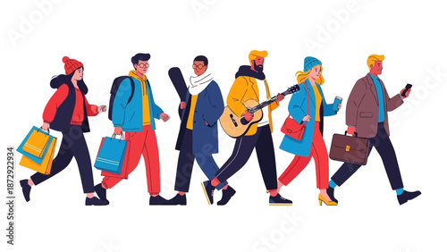 A diverse group of people walking together in a line, each with unique items and styles.