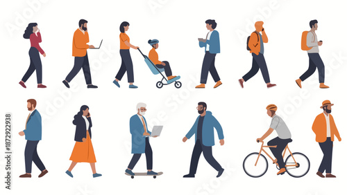 Diverse group of people walking and engaged in various activities, including using technology and pushing a stroller.