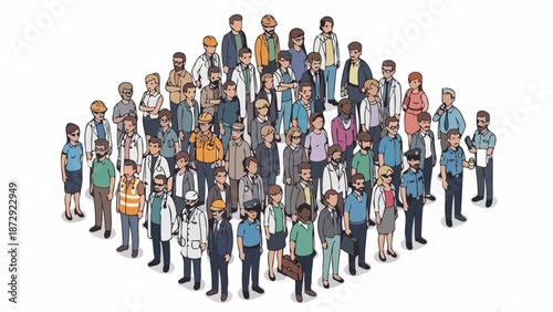 A diverse group of people in various professions standing together in a diamond formation.