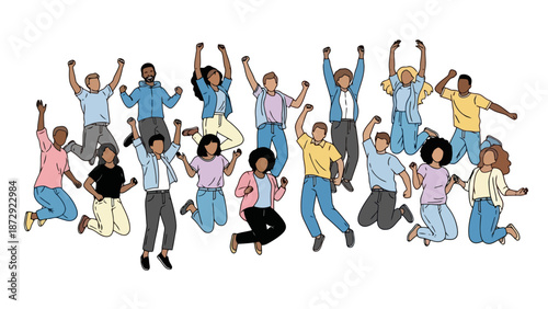A diverse group of people of various ethnicities and genders joyfully jumping in the air with their arms raised in celebration.