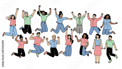 A diverse group of people are joyfully jumping in the air with their arms raised in celebration.