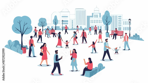 Diverse group of people enjoying a sunny day in a vibrant city park with modern buildings in the background.