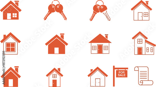 Real estate icons set, house, home keys, property for sale sign, mortgage document, orange vector illustration, residential building symbol, rent.