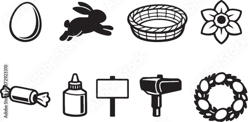 Easter Egg Hunt Tools and Props Black and White 3D Line Art Icon Set eps