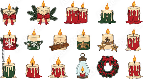 Christmas candles set illustration, festive holiday wax decorations with wreath lantern cinnamon stars and pine branches for seasonal design projects