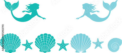 Mermaid silhouette and seashell icons set, ocean fantasy elements for summer beach party decoration vector illustration collection