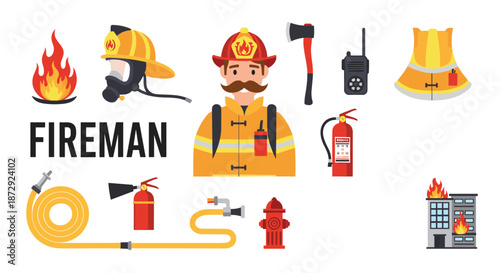 Complete firefighter equipment and icon set including a fireman character, helmet, axe, hose, and a burning building vector.