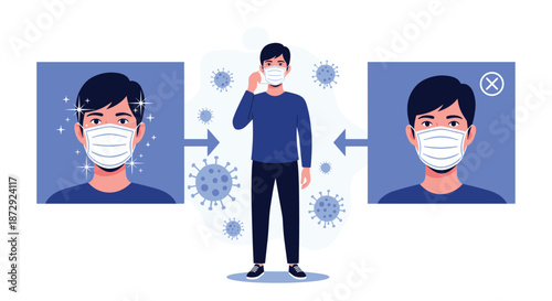 Informational graphic demonstrating the correct and incorrect way to wear a face mask for protection against viruses and germs.