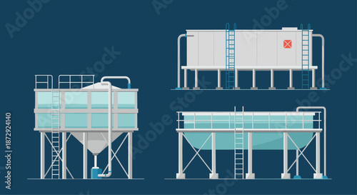 Set of industrial water tanks and silos for a water purification and treatment plant, shown in a flat vector illustration style.
