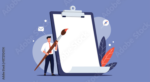 Businessman holding a large paintbrush next to a giant clipboard with a blank sheet of paper, ready for creative ideas.