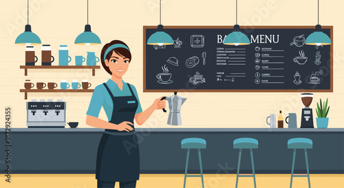 A friendly female barista standing in a modern coffee shop with a menu on the blackboard and professional coffee equipment.