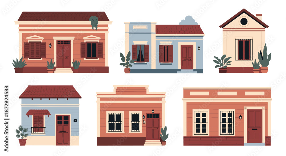 Obraz premium A collection of cute and colorful small townhouses and old buildings with classic architectural details on a white background.