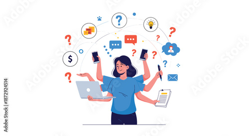 A busy woman with multiple arms multitasking by using a laptop, phone, and handling various tasks and questions simultaneously.