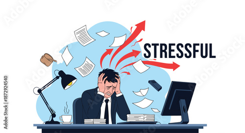 An overwhelmed and stressed businessman holding his head at his desk with papers and arrows flying around him in a chaotic office.