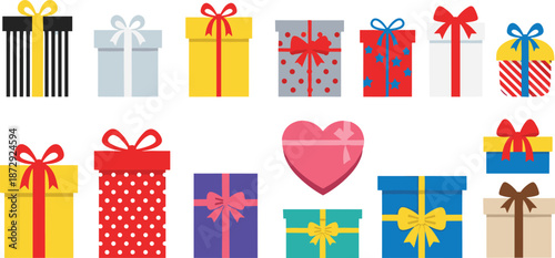 Colorful gift boxes collection illustration, festive present icons set for birthday holiday celebration greeting card design templates backgrounds