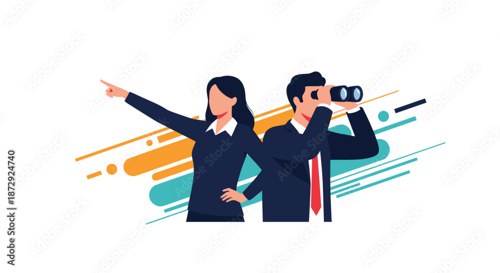 Obraz premium A businessman and businesswoman looking towards the future, with the man using binoculars, symbolizing vision and leadership.