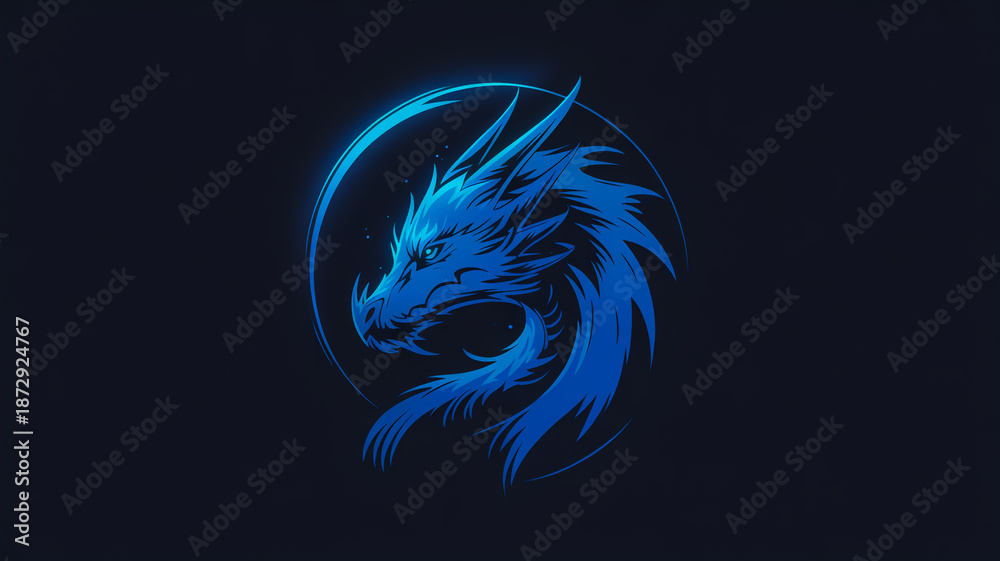 Fototapeta premium Stylized blue dragon head with glowing eyes and flowing mane on a dark background
